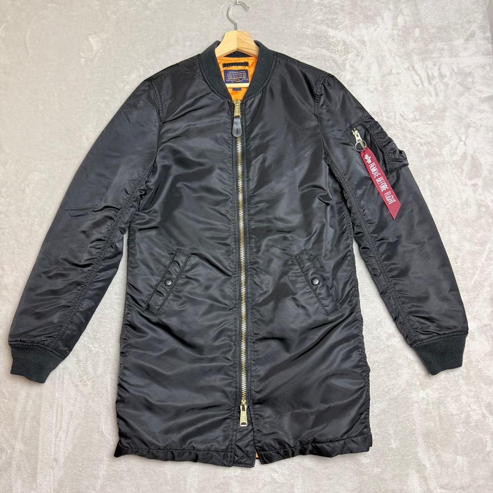 Alpha Industries MA-1 Longline Bomber Jacket Men XS Black Quilted Military EUC